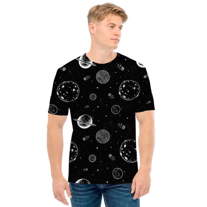 Black And White Planets Pattern Print Men's T-Shirt