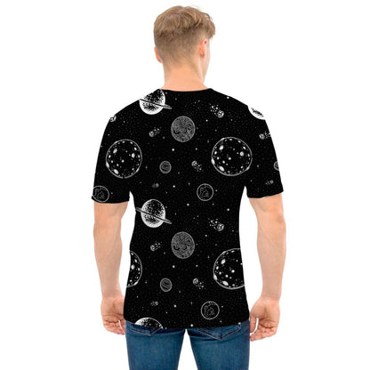 Black And White Planets Pattern Print Men's T-Shirt