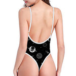 Black And White Planets Pattern Print One Piece High Cut Swimsuit