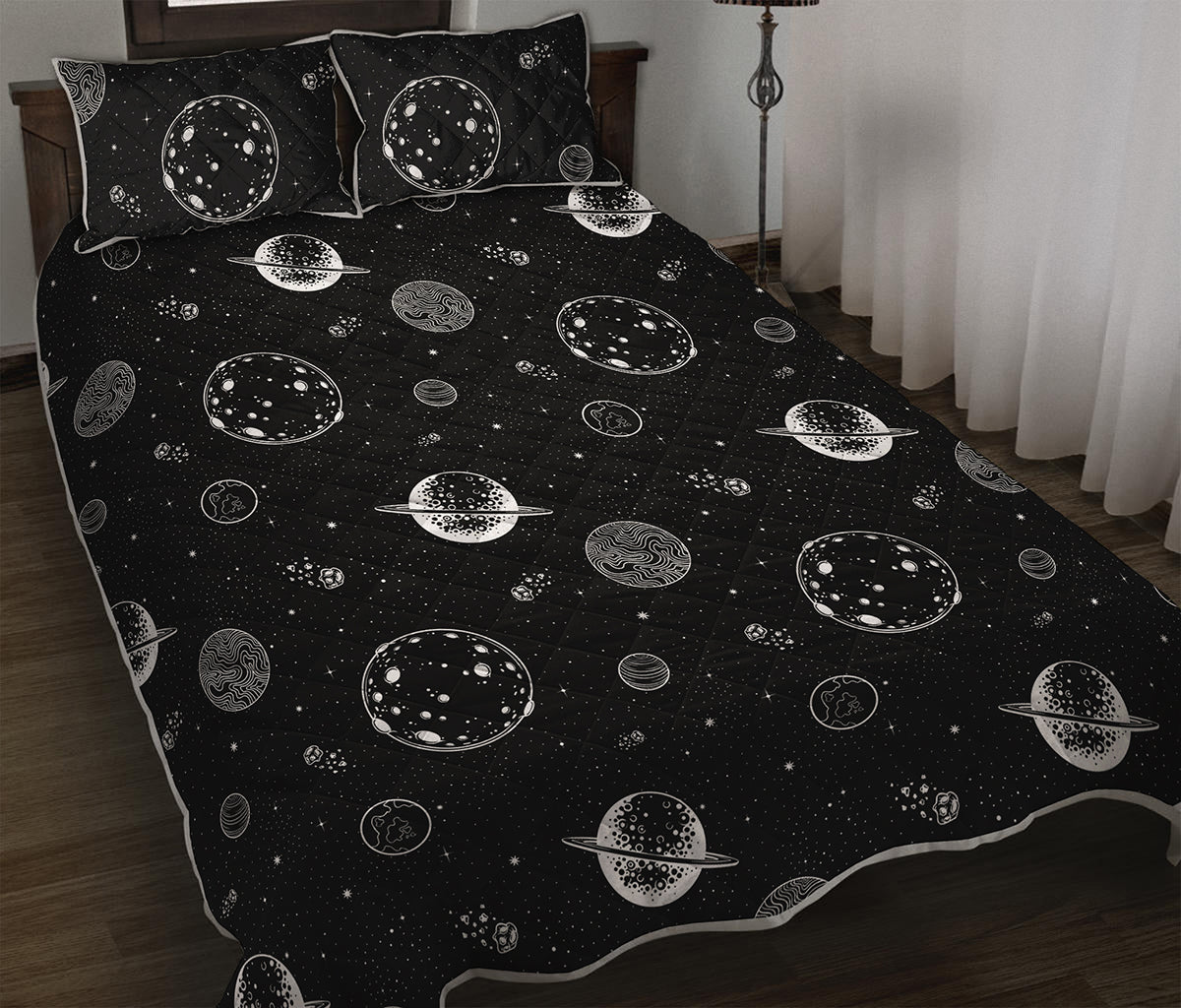 Black And White Planets Pattern Print Quilt Bed Set