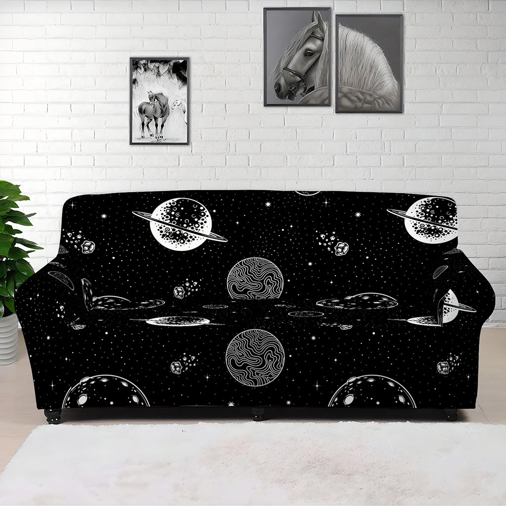 Black And White Planets Pattern Print Sofa Cover