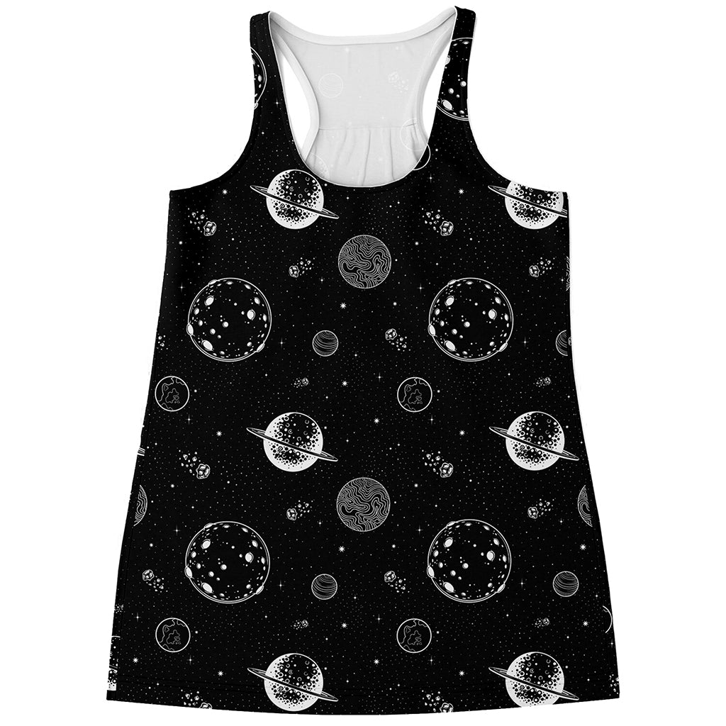 Black And White Planets Pattern Print Women's Racerback Tank Top