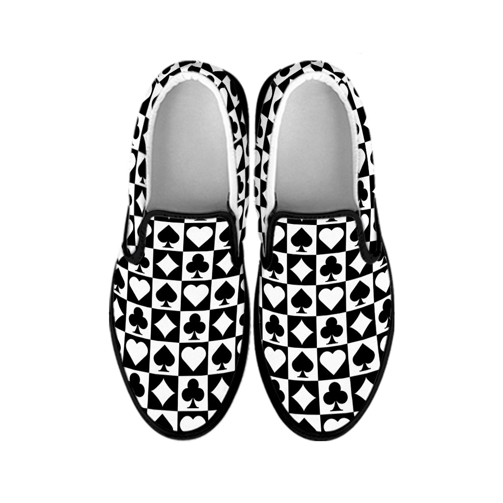 Black And White Playing Card Suits Print Black Slip On Shoes