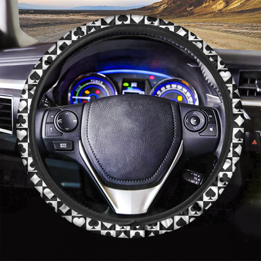 Black And White Playing Card Suits Print Car Steering Wheel Cover