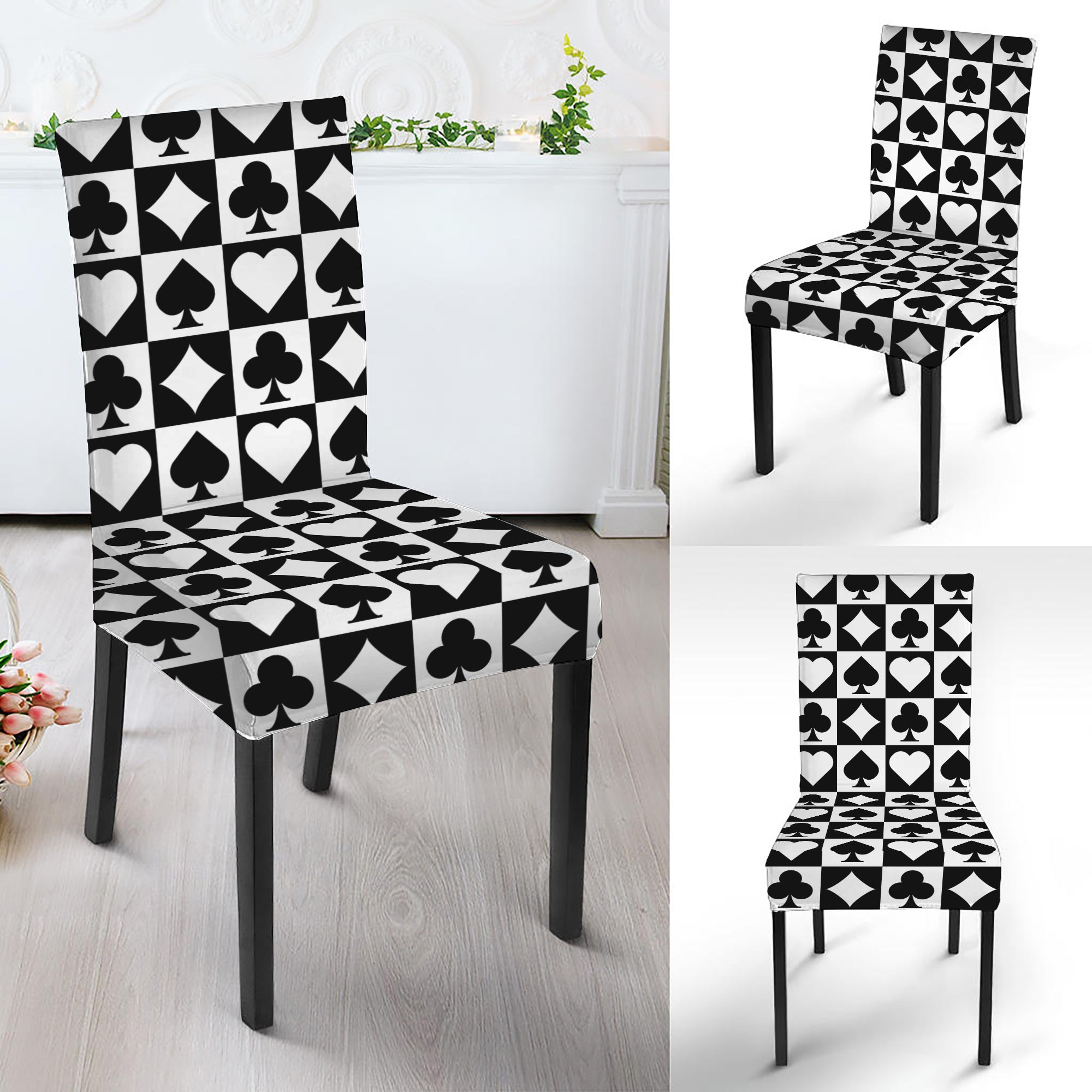 Black And White Playing Card Suits Print Dining Chair Slipcover