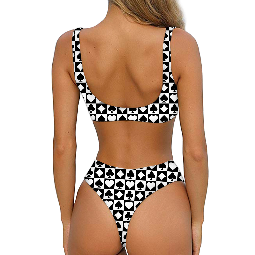 Black And White Playing Card Suits Print Front Bow Tie Bikini