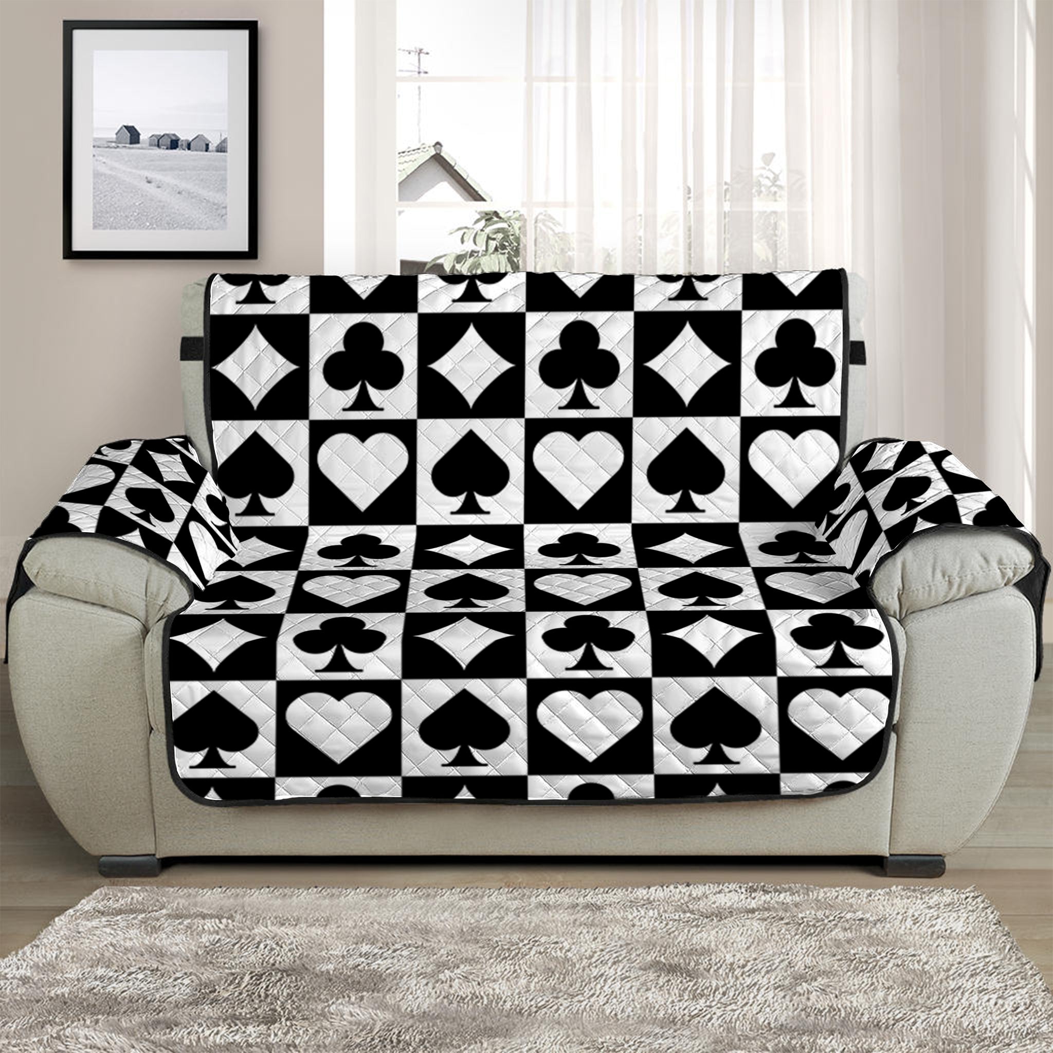 Black And White Playing Card Suits Print Half Sofa Protector