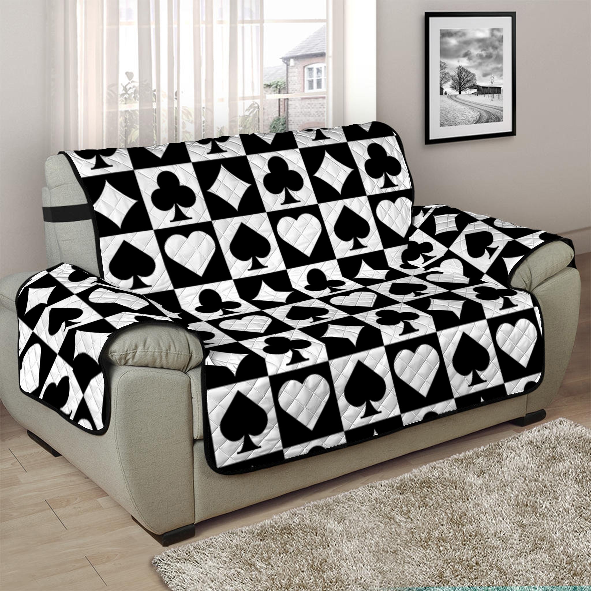 Black And White Playing Card Suits Print Half Sofa Protector