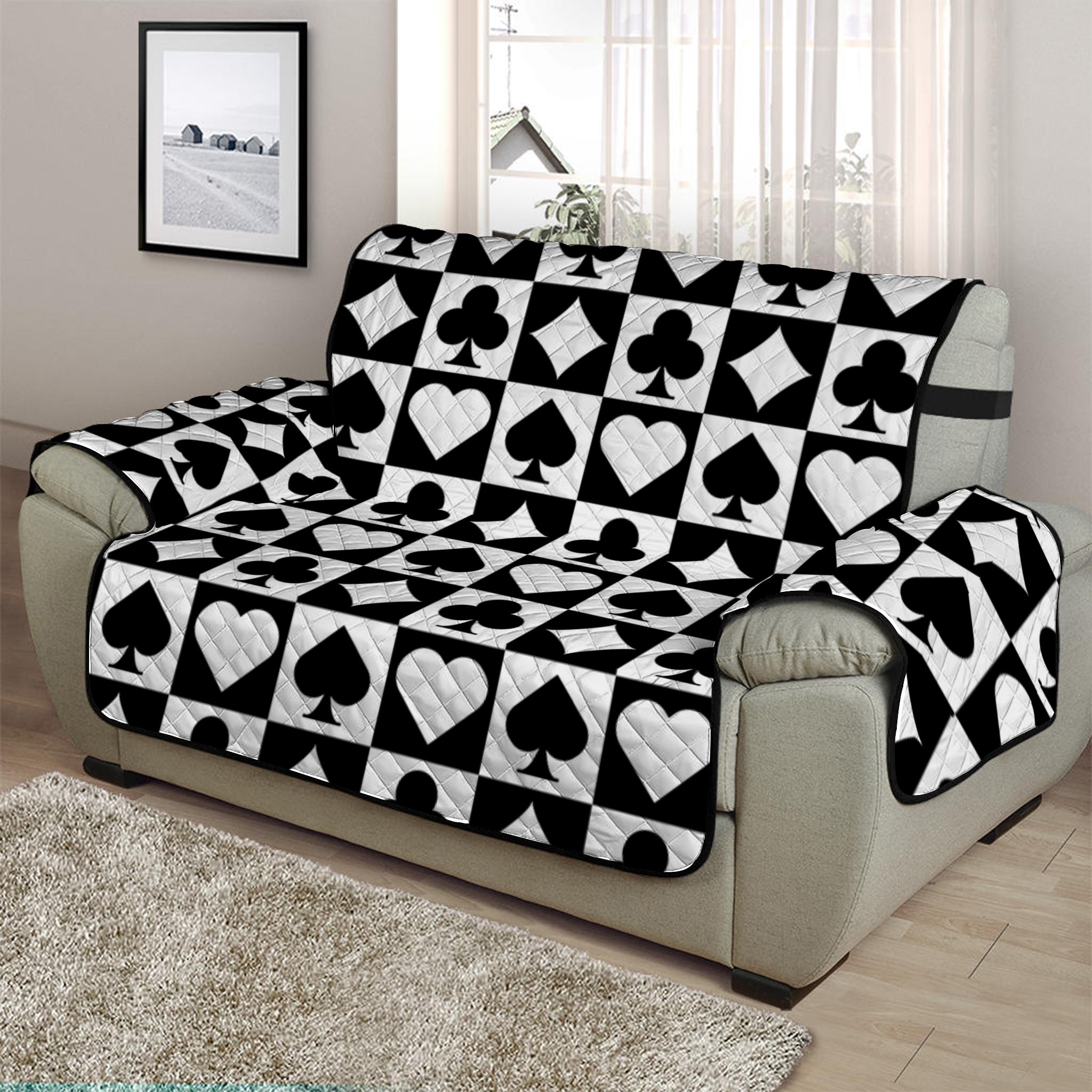 Black And White Playing Card Suits Print Half Sofa Protector