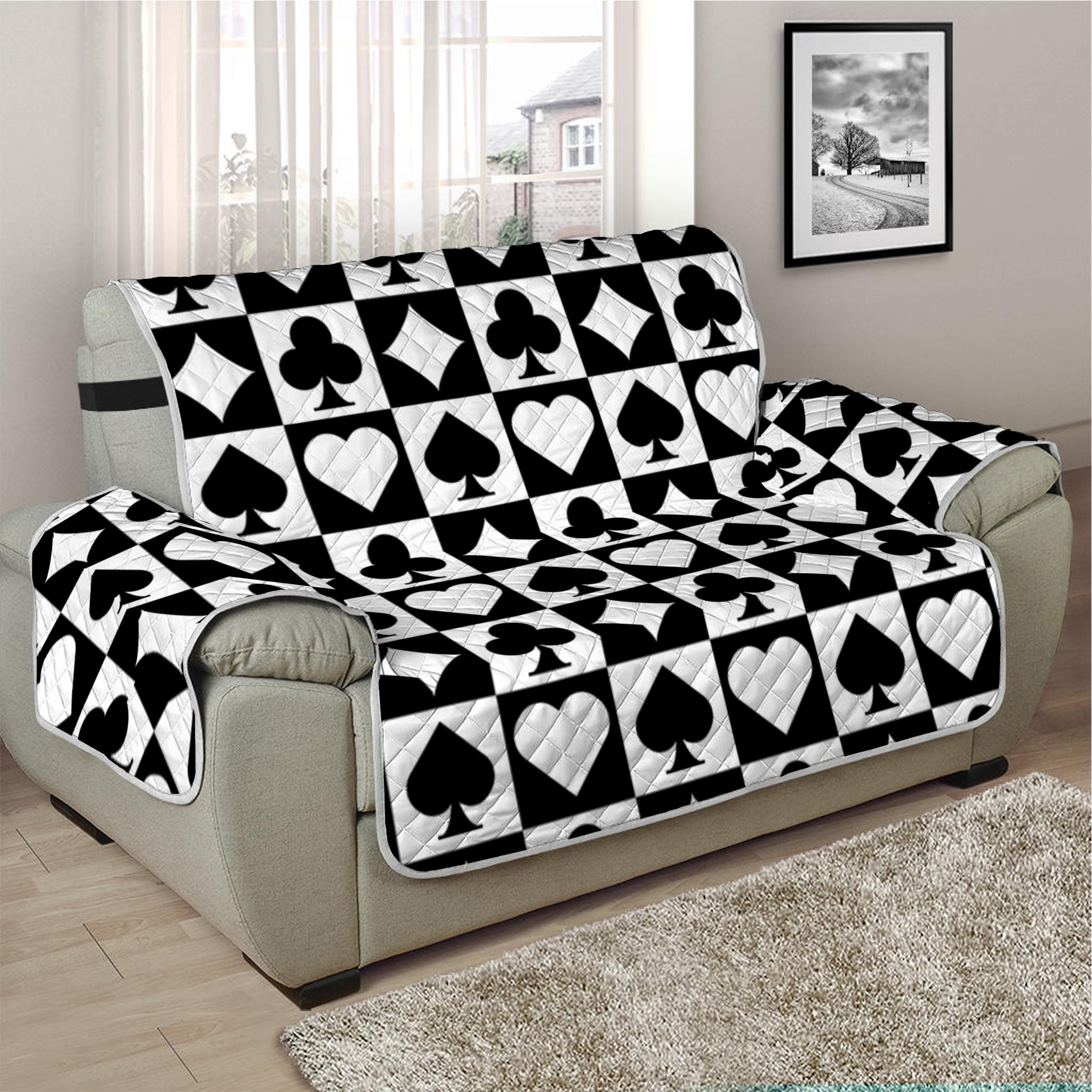 Black And White Playing Card Suits Print Half Sofa Protector