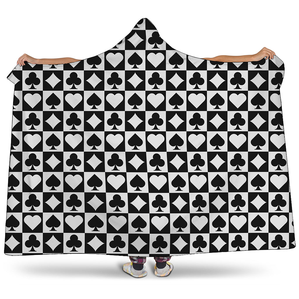 Black And White Playing Card Suits Print Hooded Blanket