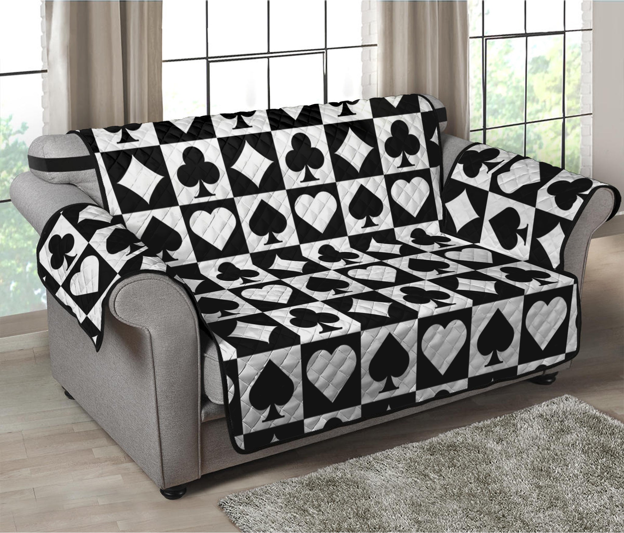 Black And White Playing Card Suits Print Loveseat Protector