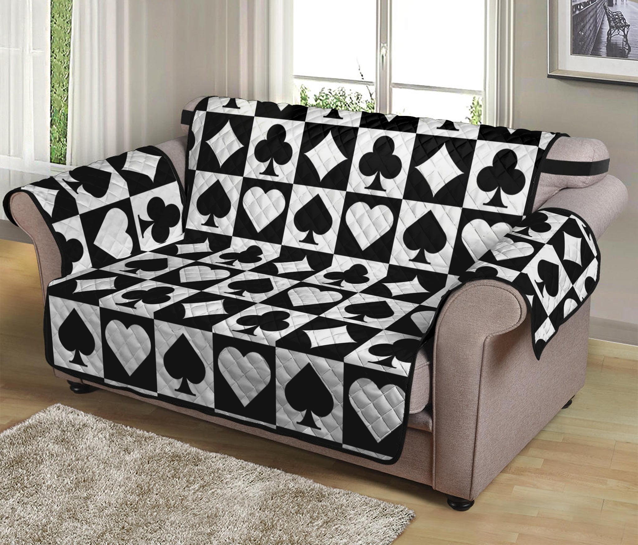 Black And White Playing Card Suits Print Loveseat Protector