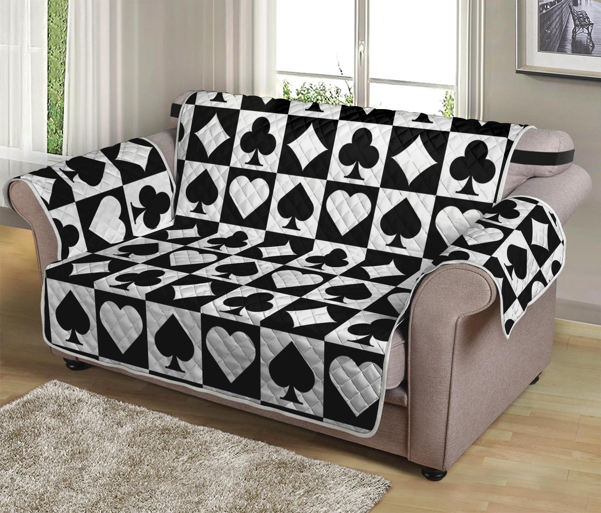 Black And White Playing Card Suits Print Loveseat Protector