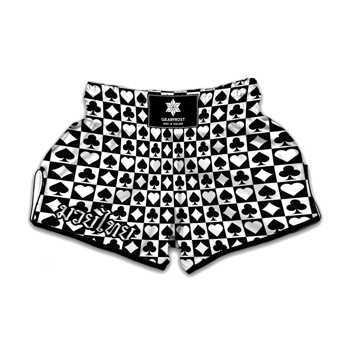 Black And White Playing Card Suits Print Muay Thai Boxing Shorts