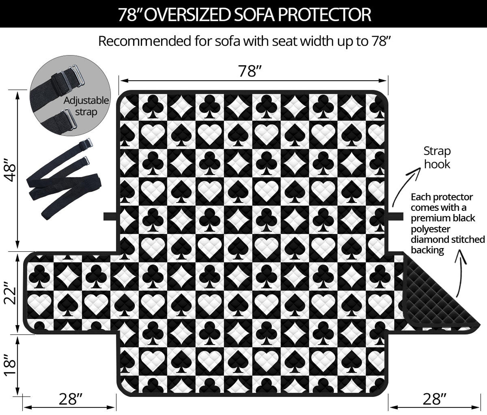 Black And White Playing Card Suits Print Oversized Sofa Protector