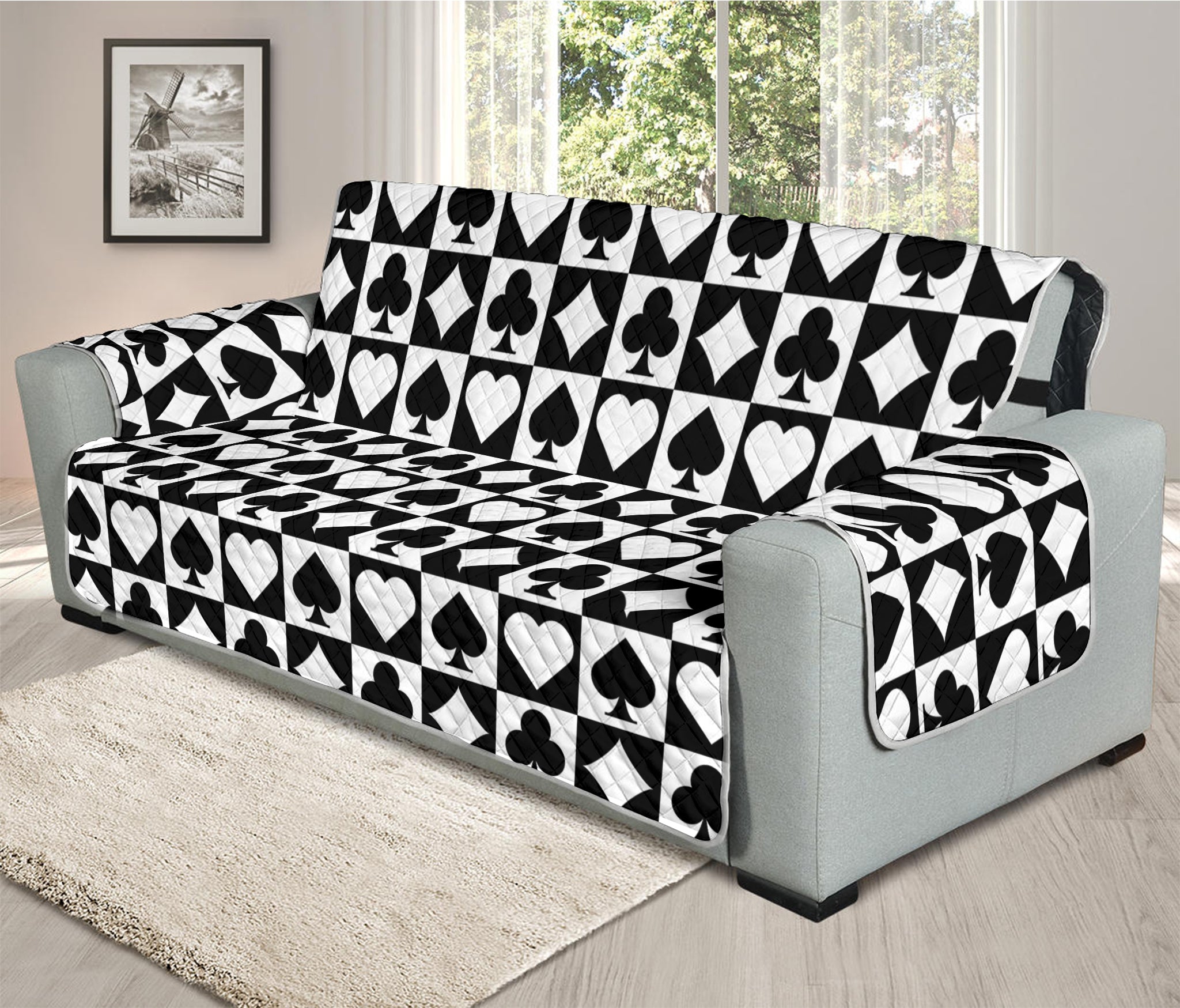 Black And White Playing Card Suits Print Oversized Sofa Protector