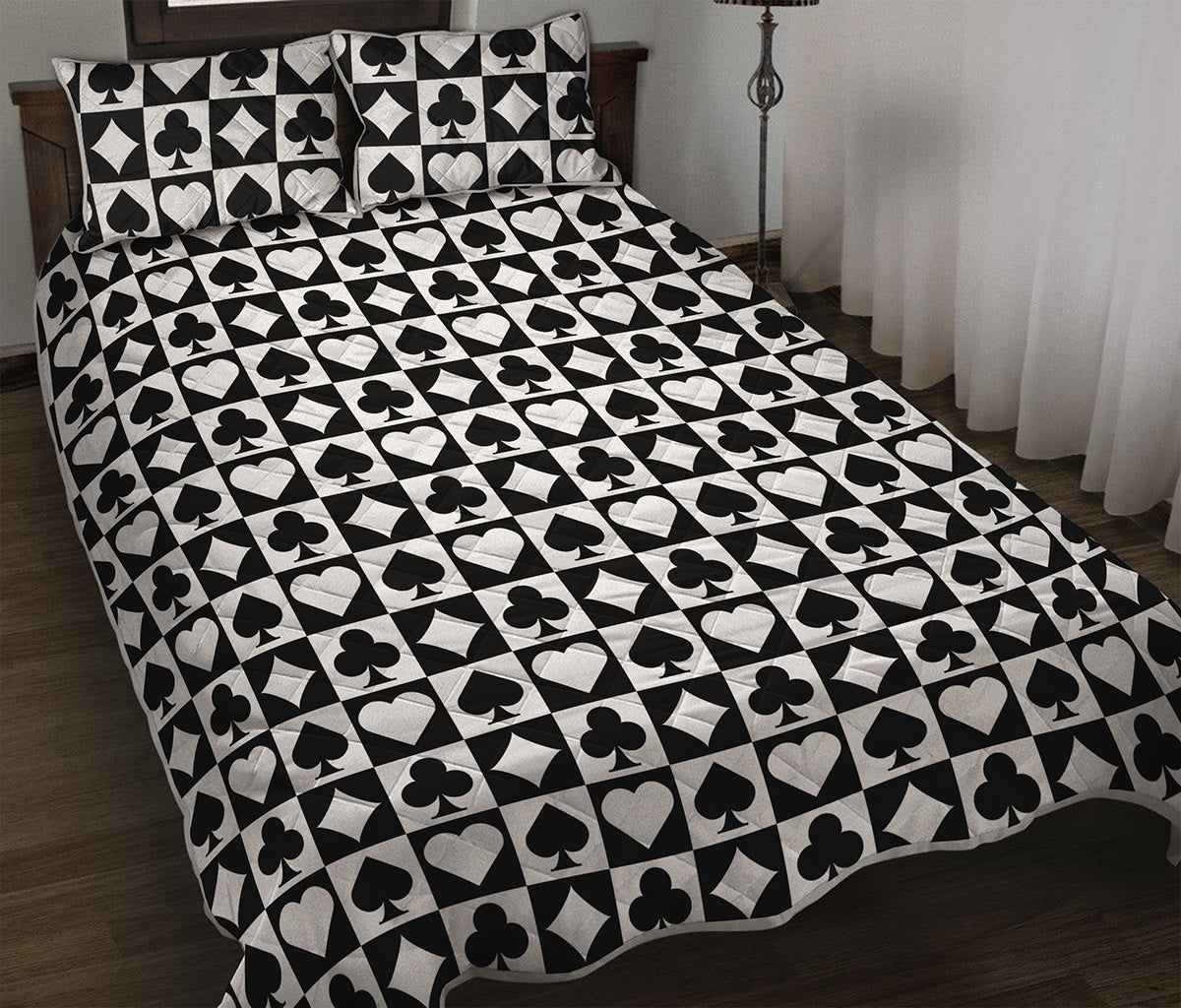 Black And White Playing Card Suits Print Quilt Bed Set