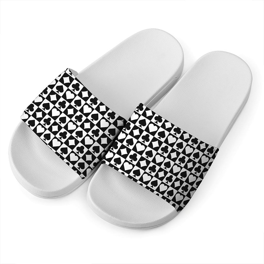 Black And White Playing Card Suits Print White Slide Sandals