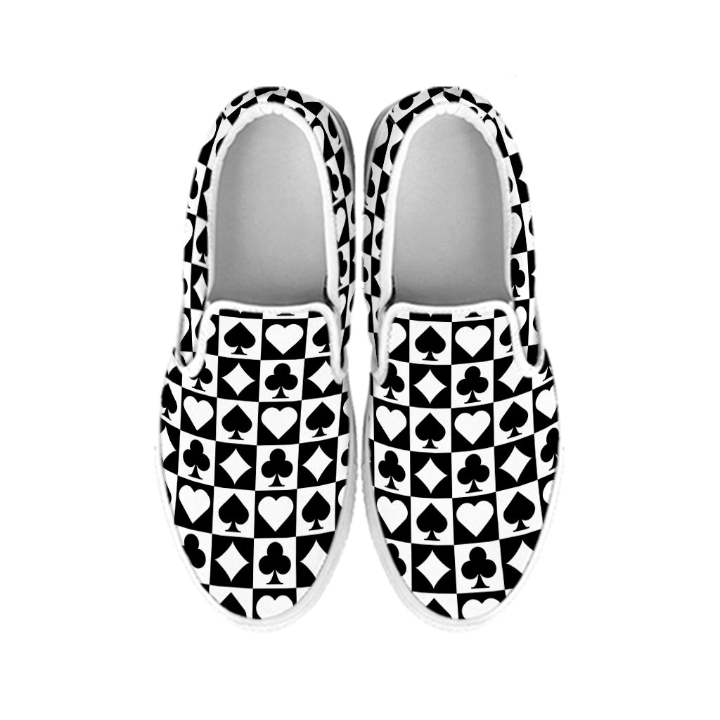 Black And White Playing Card Suits Print White Slip On Shoes