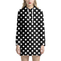 Black And White Polka Dot Pattern Print Pullover Hoodie Dress