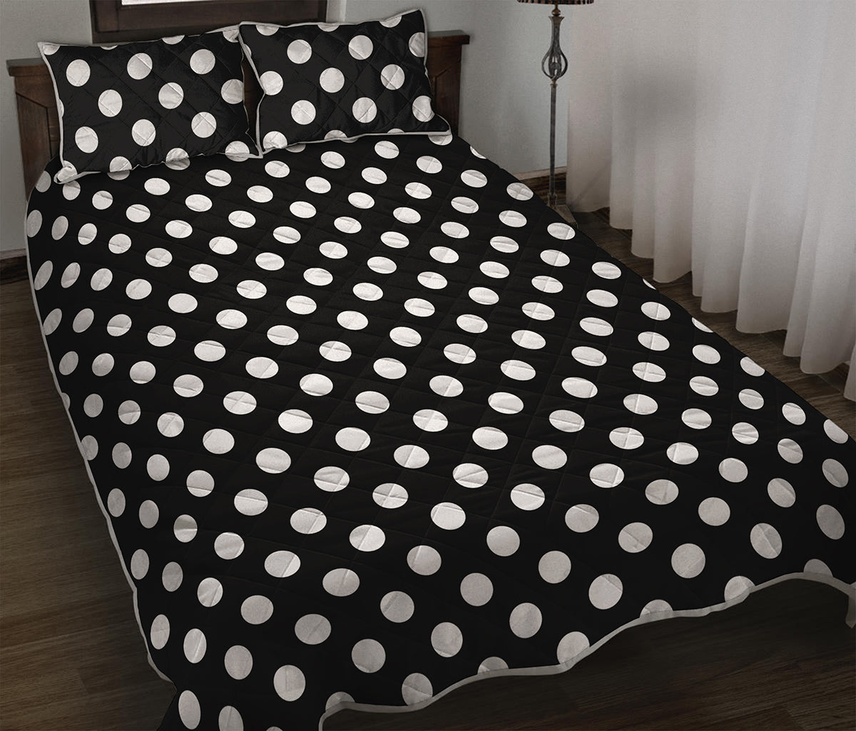 Black And White Polka Dot Pattern Print Quilt Bed Set