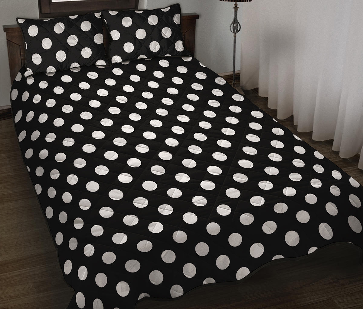 Black And White Polka Dot Pattern Print Quilt Bed Set