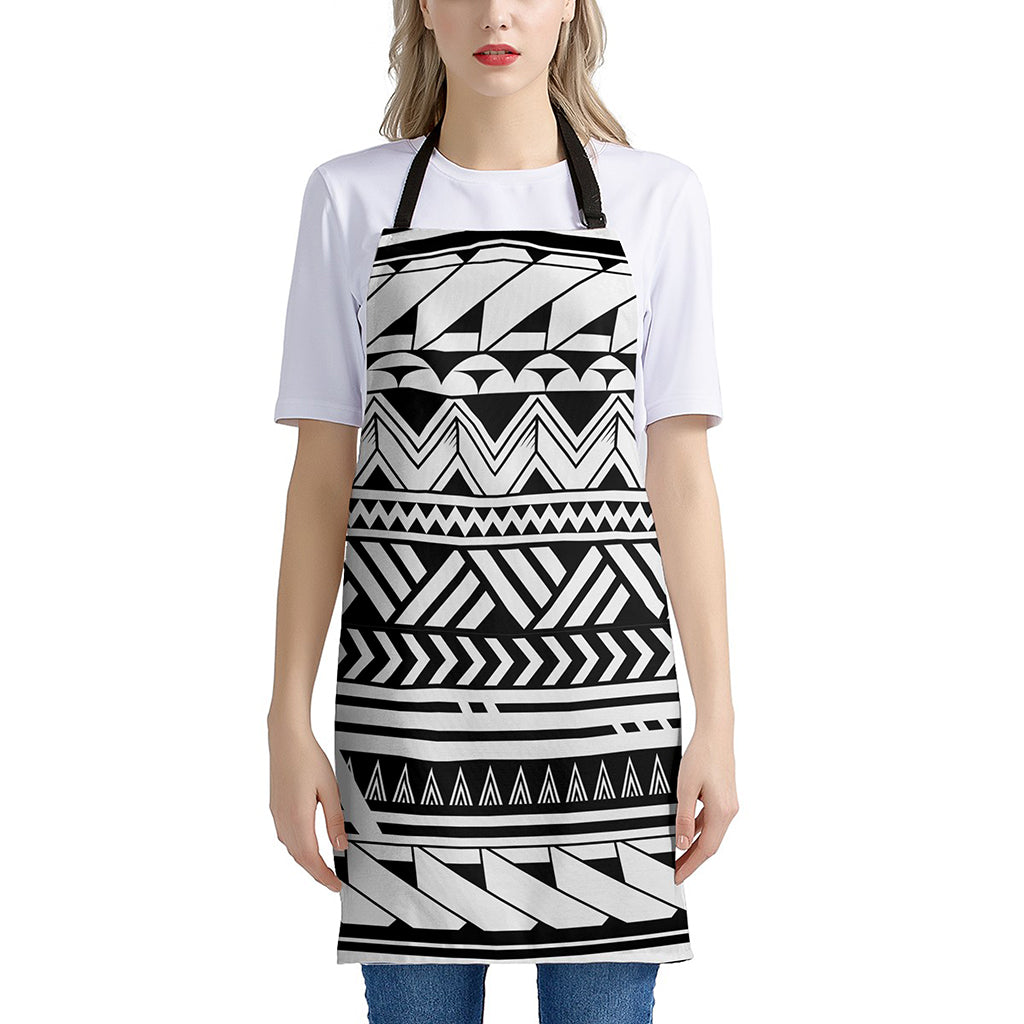 Black And White Polynesian Pattern Print Apron