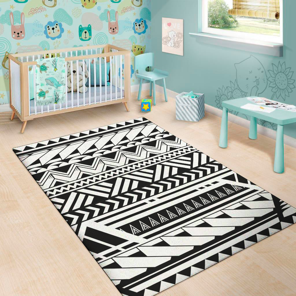 Black And White Polynesian Pattern Print Area Rug