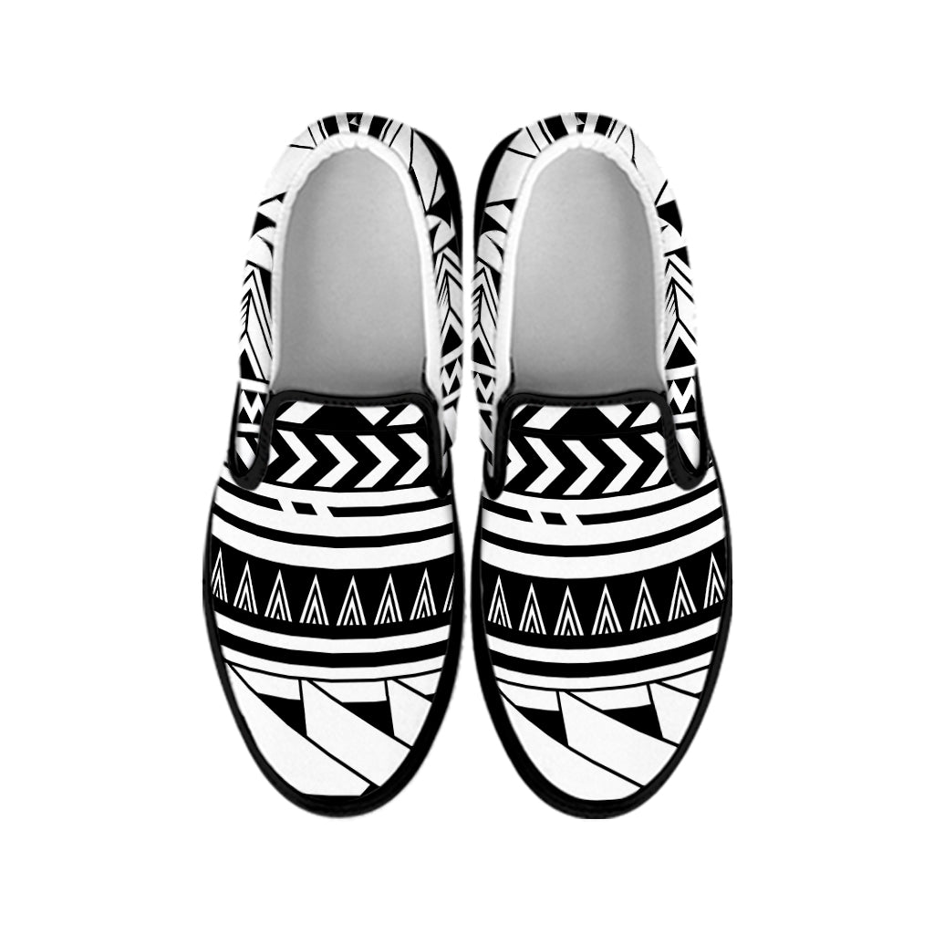 Black And White Polynesian Pattern Print Black Slip On Shoes