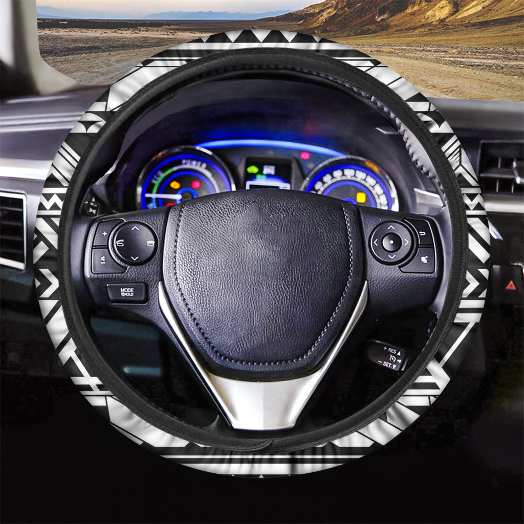 Black And White Polynesian Pattern Print Car Steering Wheel Cover