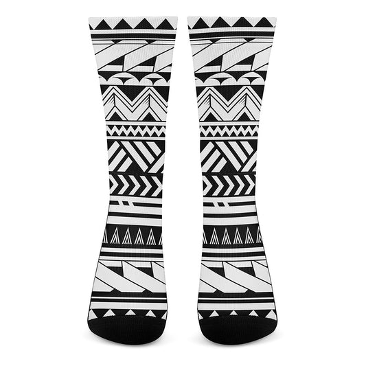 Black And White Polynesian Pattern Print Crew Socks
