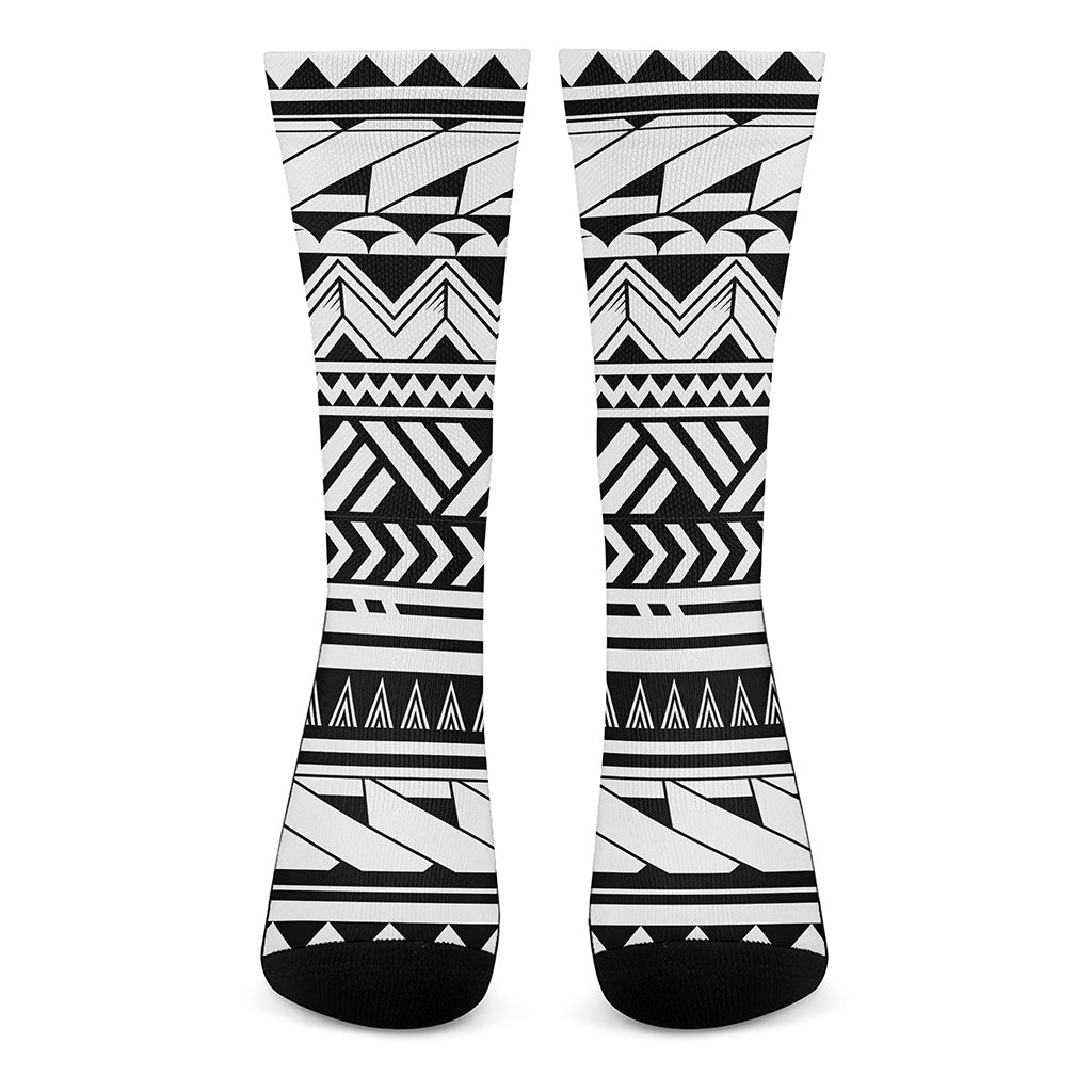 Black And White Polynesian Pattern Print Crew Socks