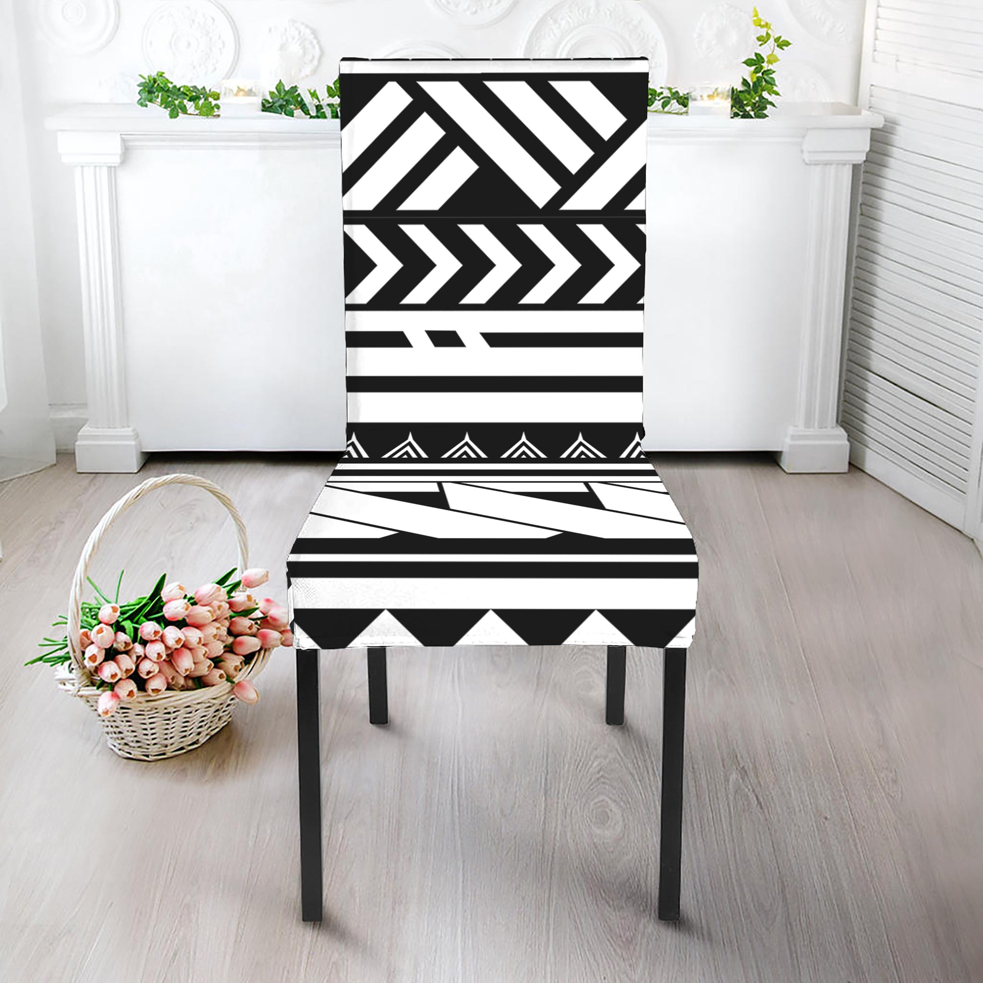 Black And White Polynesian Pattern Print Dining Chair Slipcover