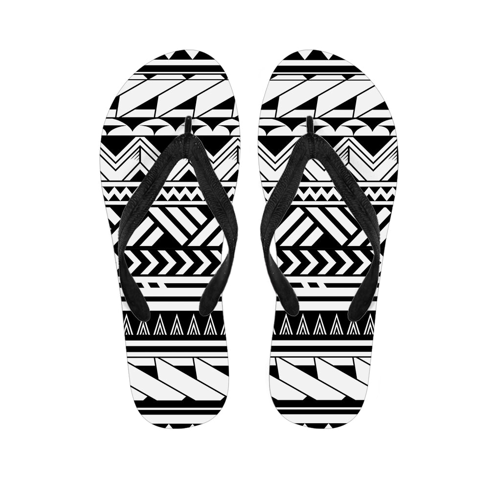 Black And White Polynesian Pattern Print Flip Flops