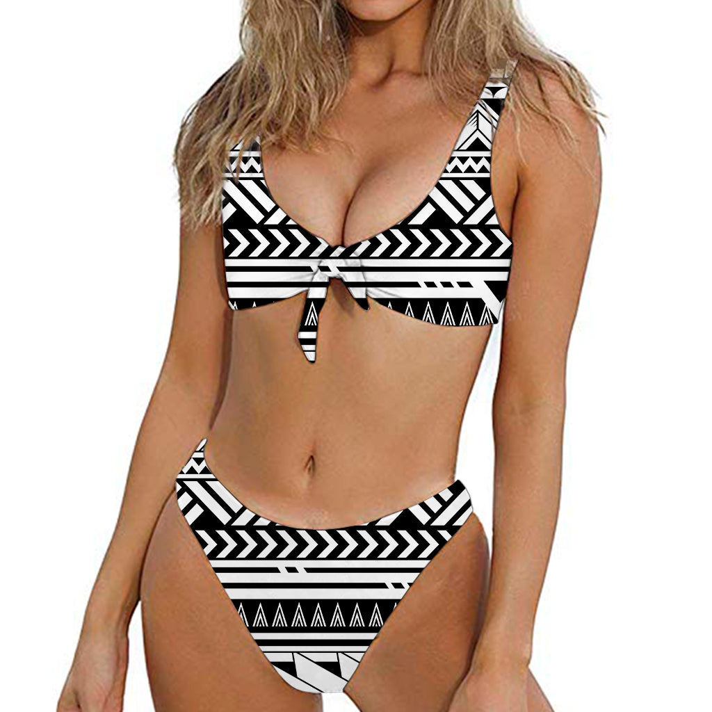 Black And White Polynesian Pattern Print Front Bow Tie Bikini