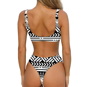 Black And White Polynesian Pattern Print Front Bow Tie Bikini