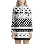 Black And White Polynesian Pattern Print Hoodie Dress