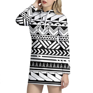 Black And White Polynesian Pattern Print Hoodie Dress