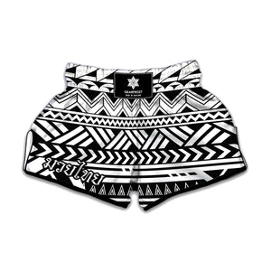 Black And White Polynesian Pattern Print Muay Thai Boxing Shorts