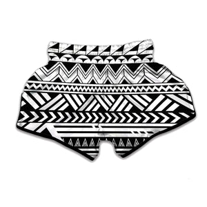 Black And White Polynesian Pattern Print Muay Thai Boxing Shorts