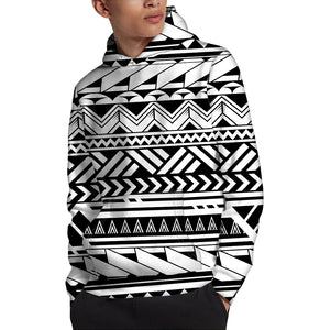 Black And White Polynesian Pattern Print Pullover Hoodie