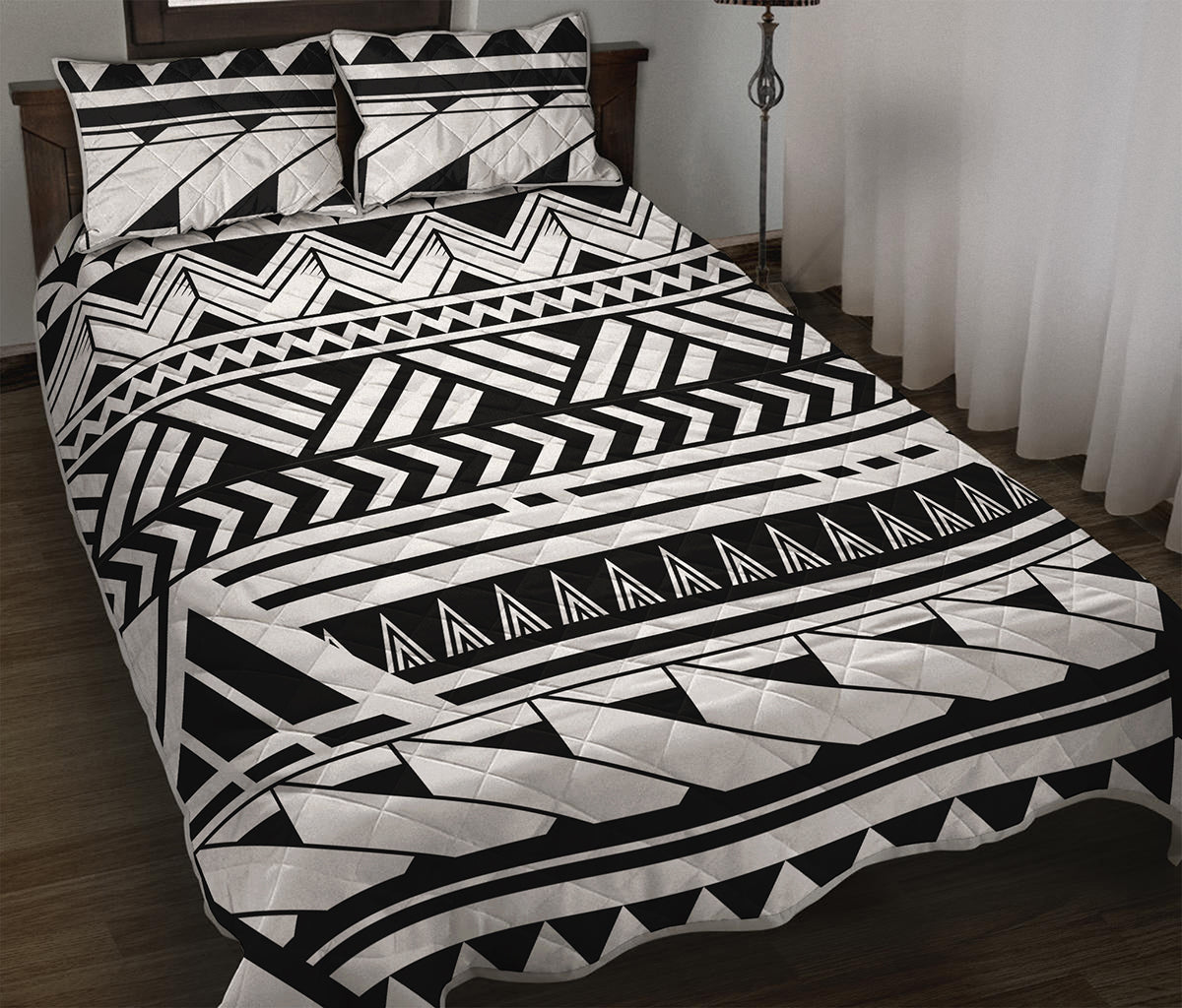 Black And White Polynesian Pattern Print Quilt Bed Set