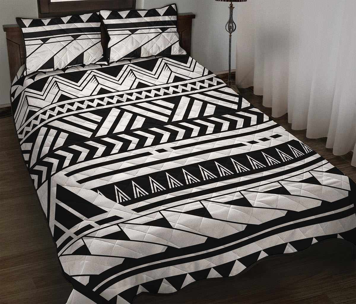 Black And White Polynesian Pattern Print Quilt Bed Set