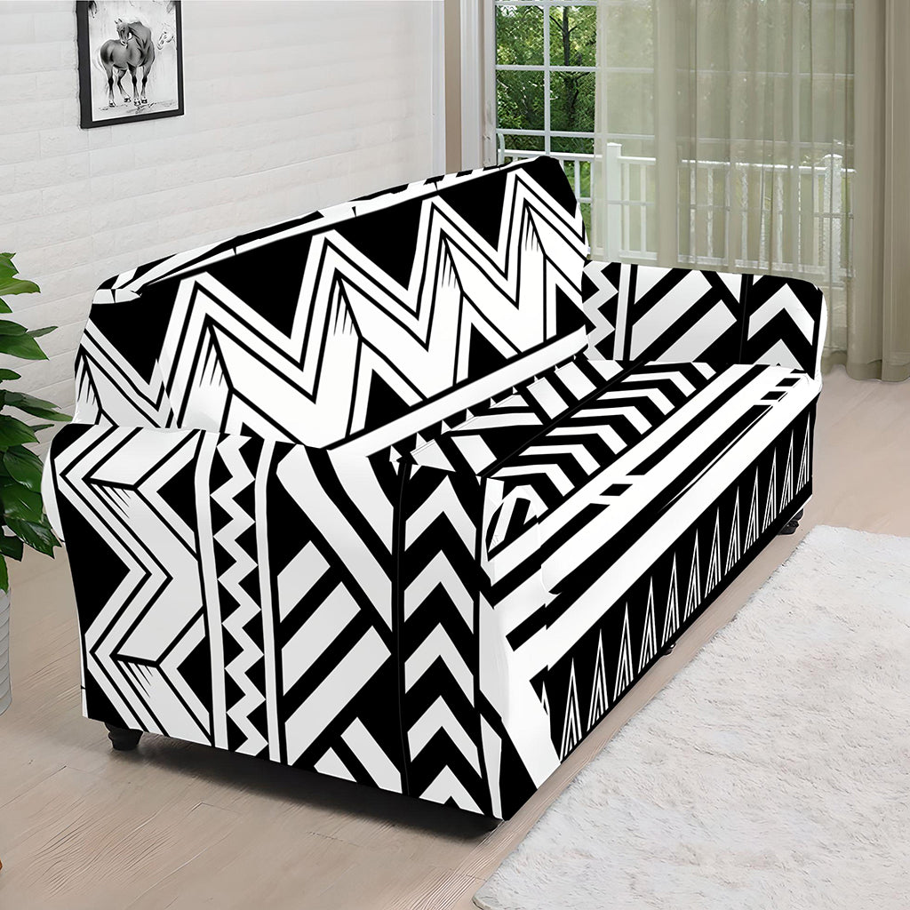 Black And White Polynesian Pattern Print Sofa Cover