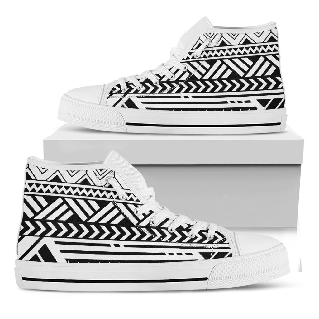 Black And White Polynesian Pattern Print White High Top Shoes