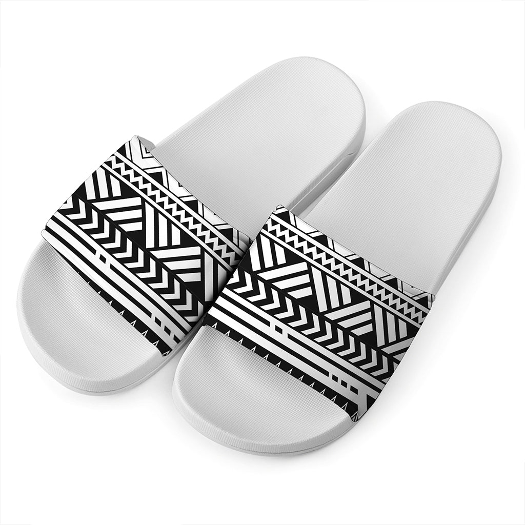 Black And White Polynesian Pattern Print White Slide Sandals