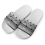 Black And White Polynesian Pattern Print White Slide Sandals