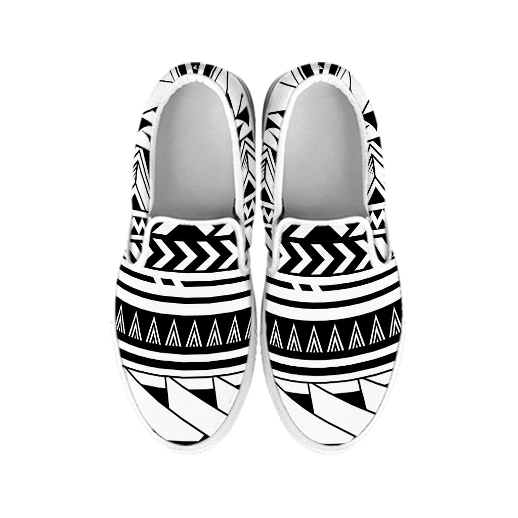 Black And White Polynesian Pattern Print White Slip On Shoes