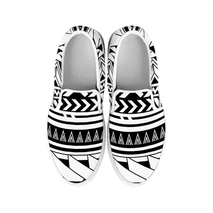 Black And White Polynesian Pattern Print White Slip On Shoes
